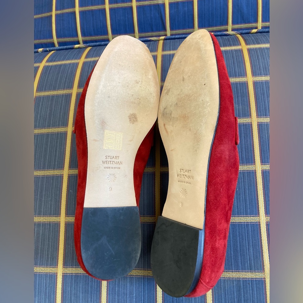 Stuart Weitzman Red Suede Loafers with Gold SW Accent - Picture 7 of 8